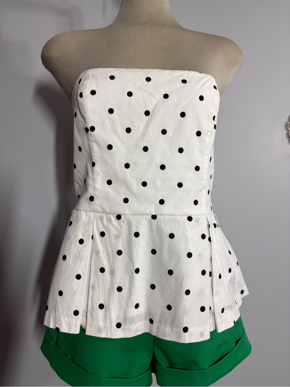 White Polka Dot Strapless Peplum Dress - Classic Black Dot